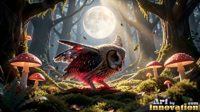 In a moonlit forest, a small owl spreads its wings beside red mushrooms