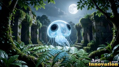 Hovering above a green fern, a tiny blue jellyfish with dark eyes floats under moonlight