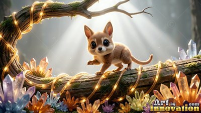 Small brown critter walking on a log by shiny crystals