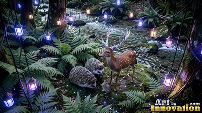 Spotted deer with pale antlers standing beside hedgehogs by a stream hung with purple lanterns