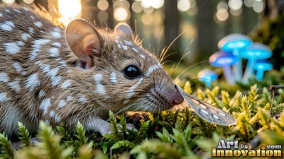 A spotted brown mouse sniffs a patterned wing on green moss beside bright blue mushrooms