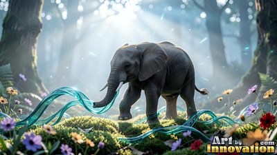 Walking in a sunny forest, a small elephant blows glass ribbon from its trunk