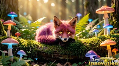 A little purple fox rests on a mossy log in the sunlight by colorful mushrooms