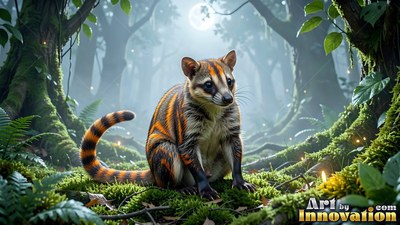 In a misty forest, a small striped raccoon-like critter sits on green moss