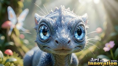 Staring forward in bright sunlight, a tiny blue dragon smiles in a forest
