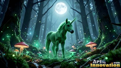 A small green unicorn stands by mushrooms under a full moon in the woods