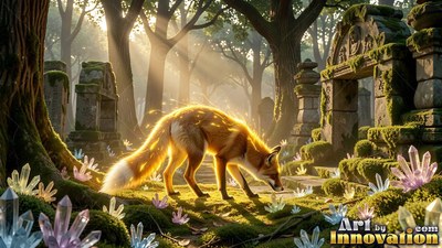 Bright sparks drift off an orange fox sniffing mossy stone ruins under sunny forest trees