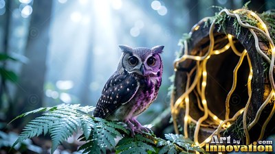 A small owl perches on a green fern beside warm string lights in cool blue mist