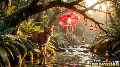 Sitting on mossy rocks by a stream, a brown cat watches a red lantern