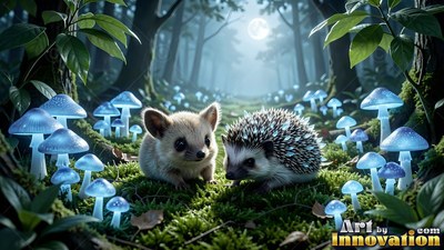 A tiny fuzzy creature and a hedgehog sit by blue mushrooms in the forest