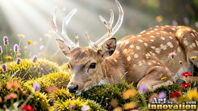 In a sunlit mossy meadow, a spotted fawn rests with glass antlers