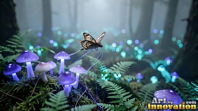 Hovering over purple mushrooms, a small winged moth drifts through dark green ferns