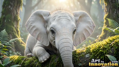 A baby white elephant peeks over a mossy log in the forest sunlight