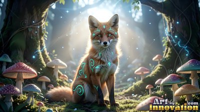 Bright cyan markings curl across a red fox sitting in a sunlit forest of wild mushrooms