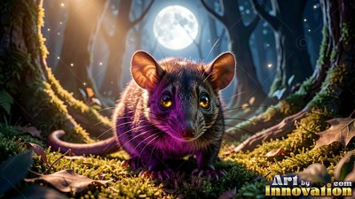 A tiny furry mouse crouches on the moss under a bright full moon in the dark woods