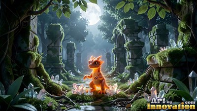 Standing on its hind legs in mossy ruins, a small orange dragon pauses