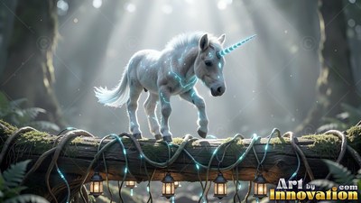 A tiny white unicorn walks across a mossy log lit by bright sunbeams