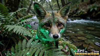 By a forest stream, a fox rests in ferns with bright green specks on its fur