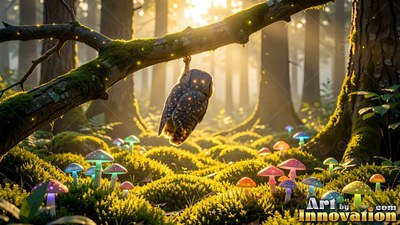 Hanging from a tree branch, a small speckled owl dangles above colorful mushrooms