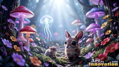 Small furry critters sit by purple mushrooms under a jellyfish in the woods