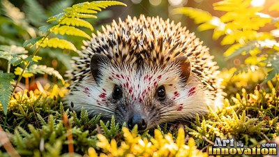 Red-spotted fur marks a spiky hedgehog resting in green moss under sunlight
