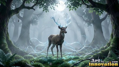A deer stands on moss under pale moonlight with light blue translucent antlers