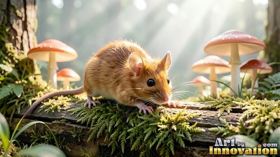 Crouching on a mossy log in the woods, a fuzzy brown mouse sits by mushrooms