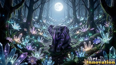 A small elephant sits among bright purple and blue crystals under a full moon