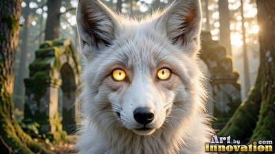 In a sunlit forest, a white fox with bright yellow eyes stares forward