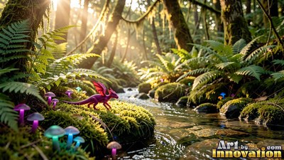 A tiny purple dragon walks on moss by a stream in a sunny forest