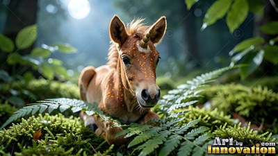 Spotted with orange specks, a small brown unicorn rests among green forest ferns