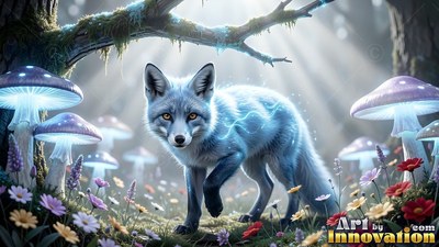 A pale blue fox steps through wild flowers as bright white sunlight filters down