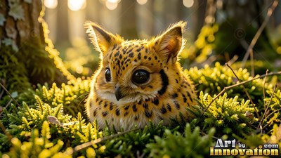 Crouched low in green moss, a round spotted owl creature rests in sunlight