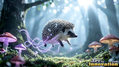 A tiny hedgehog floats over moss between purple mushrooms in a sunny forest