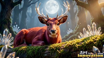 In a dark moonlit forest, a reddish deer rests on a mossy log near crystals