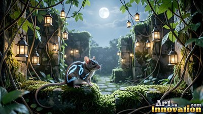Perched on mossy ruins, a mouse with blue markings sits under hanging lanterns