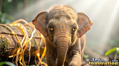 Baby elephant with bright yellow eyes walking beside an old log in the sun