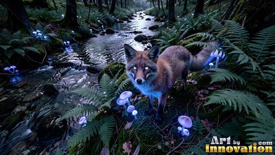 Bright blue eyes shine on a red fox standing near ferns by a shallow forest creek