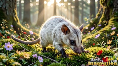 A small gray possum creeps through mossy grass under warm beams of sunlight