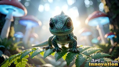 Crouching low on a fern leaf, a tiny green lizard looks forward in a forest