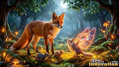 A red fox stands on moss beside an owl with sparkling wings under the moon