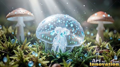 On moss in soft sunlight, a clear glass mushroom sits dotted with blue drops