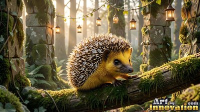 Standing on a mossy branch, a yellow hedgehog looks ahead under hanging lanterns