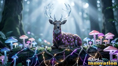 A deer resting on a log surrounded by pink mushrooms in a forest