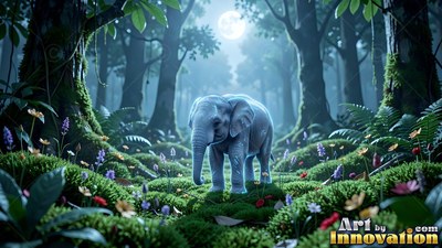 Pale blue skin covers a tiny elephant standing on mossy ground in a moonlit forest