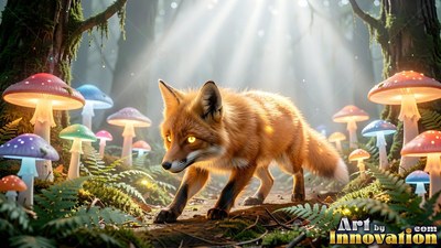 A small fox stalks past colorful mushrooms under bright beams of sunlight