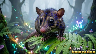 Crouching low on a green fern in a foggy forest, a small brown critter looks ahead
