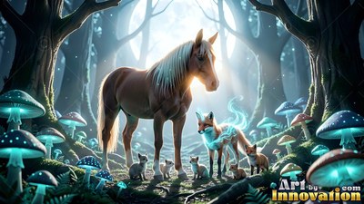 A brown horse stands by foxes in a dark forest filled with blue mushrooms
