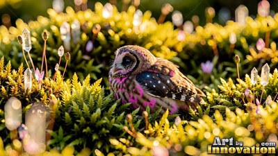 In bright yellow moss, a tiny owl sits beside small clear crystals