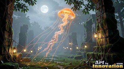 Floating under a full moon, an orange jellyfish drifts through stone forest ruins